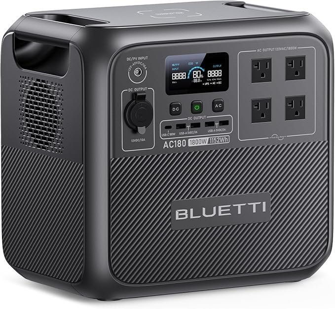 71Lg8i251IL._AC_SX679 BLUETTI AC180 mobiele stroomgenerator, 0-80% in 45 min, 1152Wh LiFePO4-batterij met 2 stopcontacten 1800W (2700W piek), draagbaar energiestation - Afbeelding 1