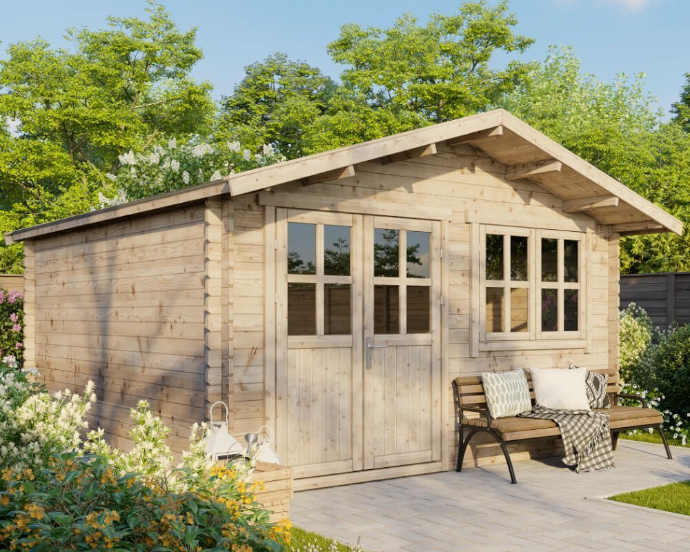 Norwegen-04-1000x800px Tuinhuisje Houten schuurtje Gereedschapshuisje Blokhut 4x4m 28mm - Afbeelding 1